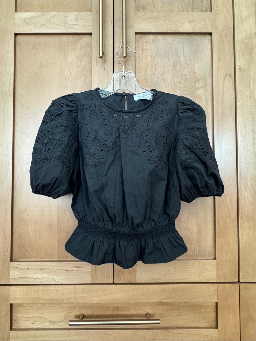 Little Moon Black Eyelet Puff-Sleeve Peplum Blouse